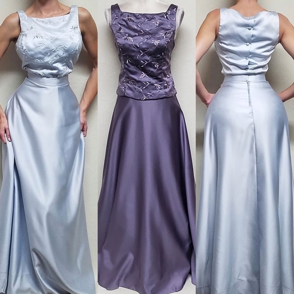 Vintage Dresses & Skirts - 80s Vintage Royal Purple Floral Embroidered Boatneck A-line Two-Piece Maxi Dress